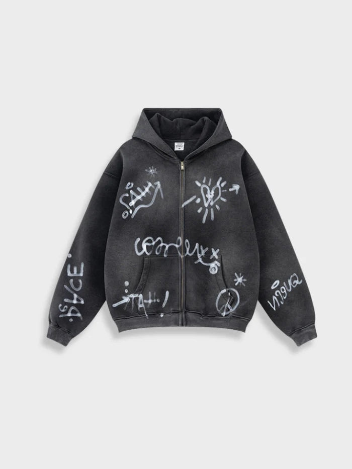 Sweat à capuche zippé "Délavé Graffiti"