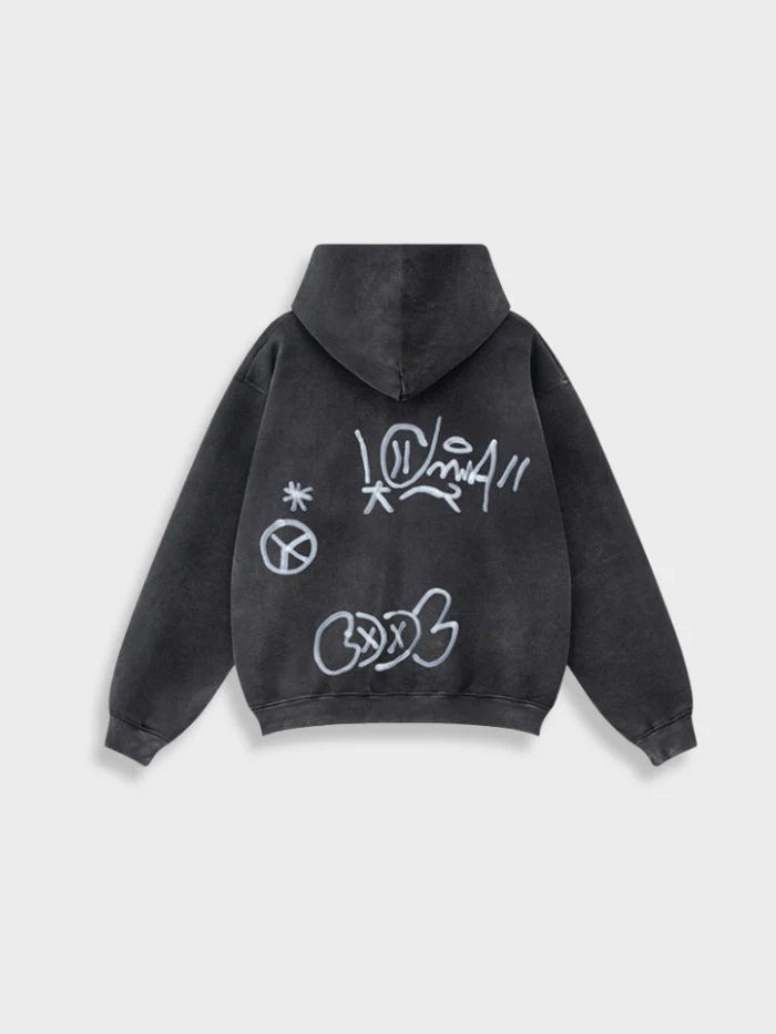 sweat zippé délavé graffiti porté vue de dos