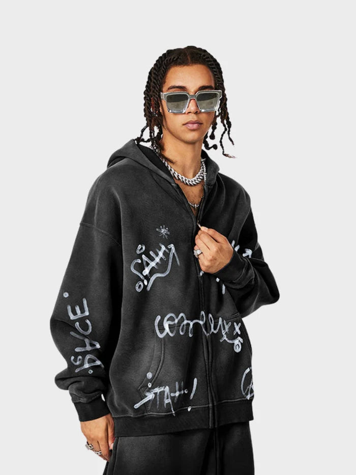 Sweat à capuche zippé "Délavé Graffiti"