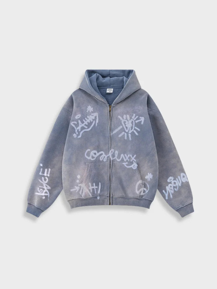 sweat zippé délavé graffiti bleu – BTQS