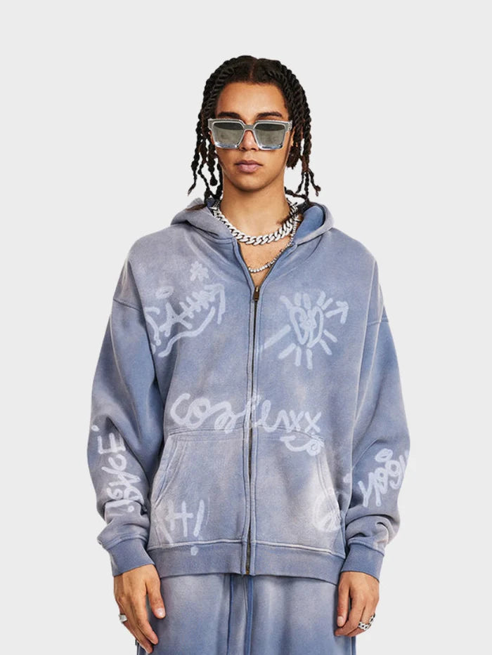 Sweat à capuche zippé "Délavé Graffiti"